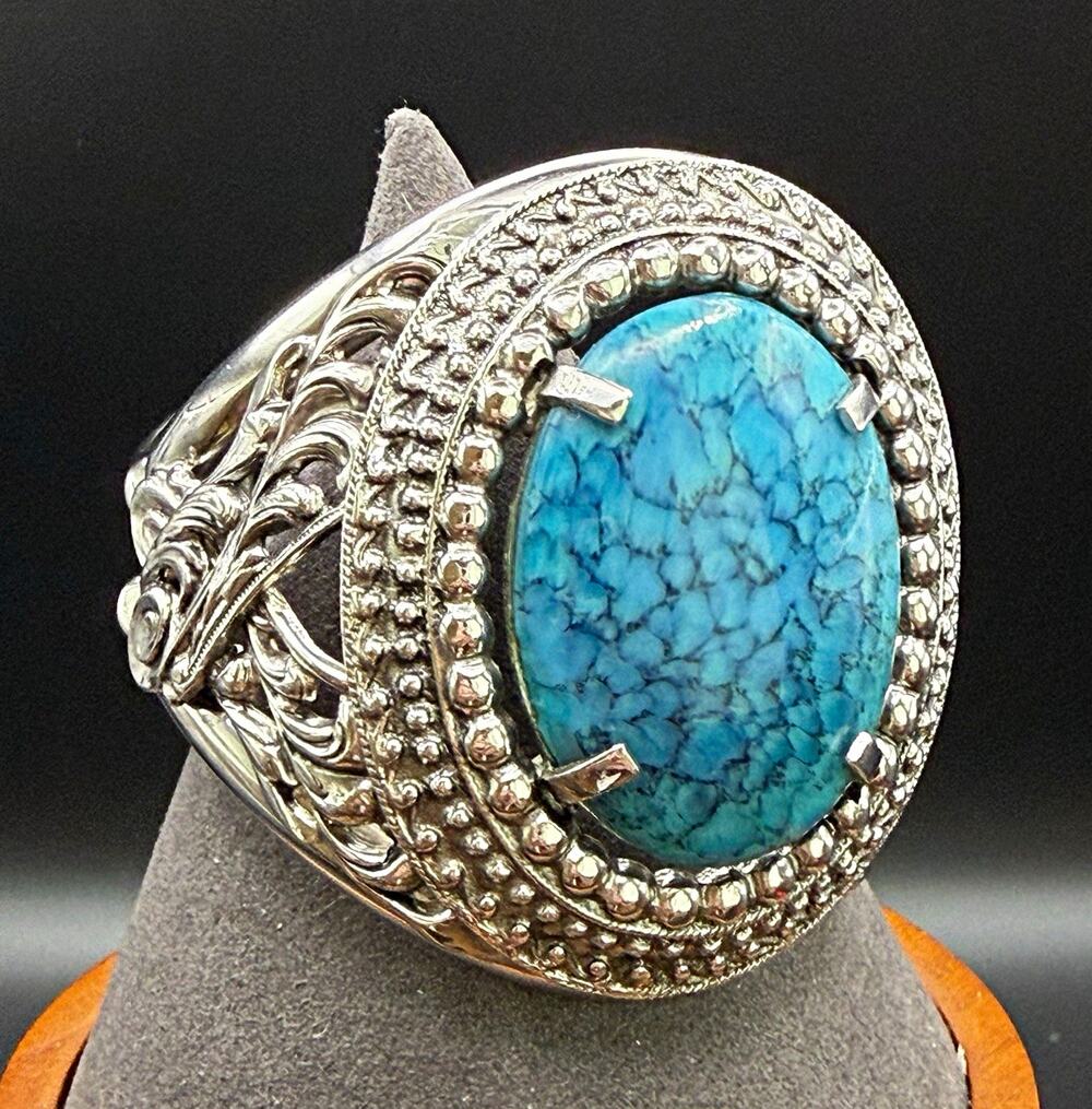 Oversized Faux Turquoise Cuff Bracelet Western Boho Ornate Filigree Statement